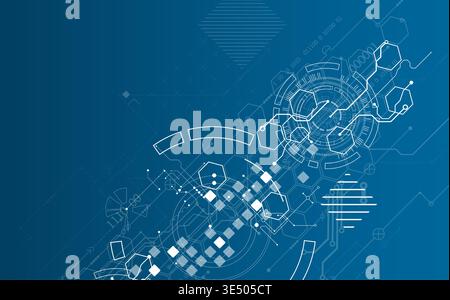 Technological background with various white elements in a drawing style on a blue background. Vector Stock Vector