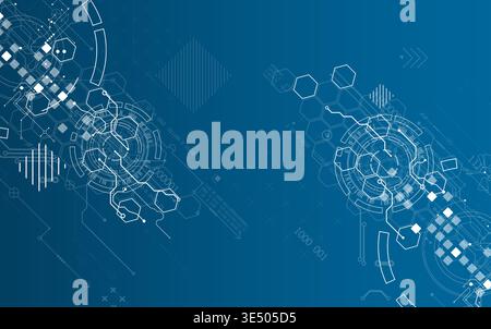 Technological background with various white elements in a drawing style on a blue background. Vector Stock Vector