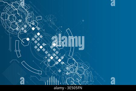 Technological background with various white elements in a drawing style on a blue background. Vector Stock Vector