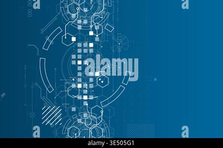 Technological background with various white elements in a drawing style on a blue background. Vector Stock Vector