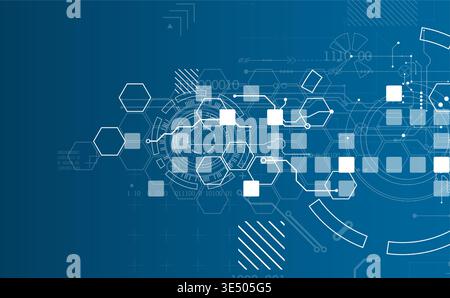 Technological background with various white elements in a drawing style on a blue background. Vector Stock Vector
