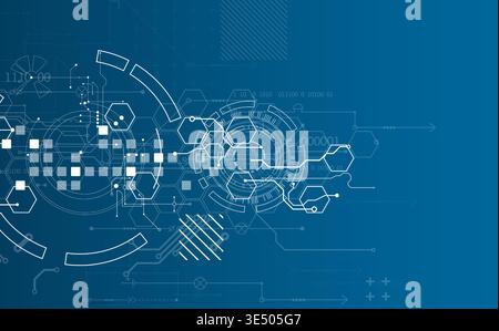 Technological background with various white elements in a drawing style on a blue background. Vector Stock Vector