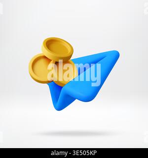 3D Blue paper plane with stack of gold coins Stock Vector
