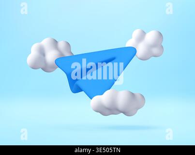 3D Blue paper plane flying among white clouds Stock Vector