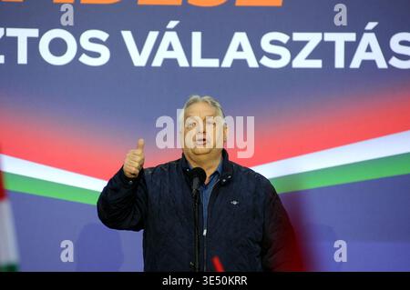 Hungary, Pecel, 28 March, 2026 : Viktor Orban, Prime Minister of Hungary, speaks during a campaign rally of the governing Fidesz Party. The rally is part of the Prime Minister's nationwide campaign trail before the Hungarian General Election scheduled for April 12   Photo © Giuseppe Lian/Sintesi/Alamy Live News Stock Photo