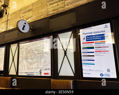 London, UK - February 01, 2026: Backlit travel information and tube map display detailing planned closures and service updates at a London station. Stock Photo