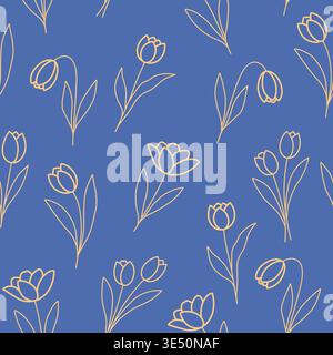 Line art tulip blossoms seamless pattern. Contrasting floral background with gold outlines on blue Stock Vector