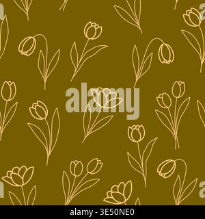 Outline tulip flowers seamless pattern. Minimalist floral background with line art botany on olive green Stock Vector