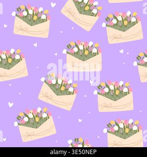 Tulip bouquets in envelopes seamless pattern. Spring floral background with letters and hearts on purple Stock Vector