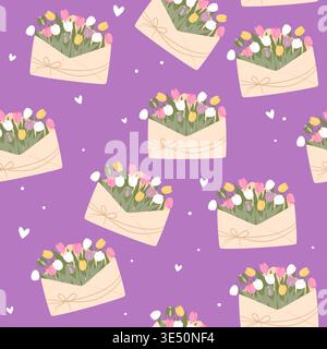Vibrant tulip bouquet envelopes seamless pattern. Bright spring floral background on deep purple Stock Vector