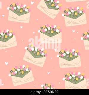 Colorful tulip envelopes seamless pattern. Cheerful spring floral background with hearts on soft pink Stock Vector