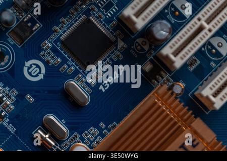 Motherboard with chip, transistors and processor. Technology and AI Stock Photo
