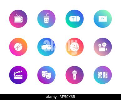 Media and leisure icons set. Gradient round vector symbols for entertainment, sports, and digital culture. Stock Vector
