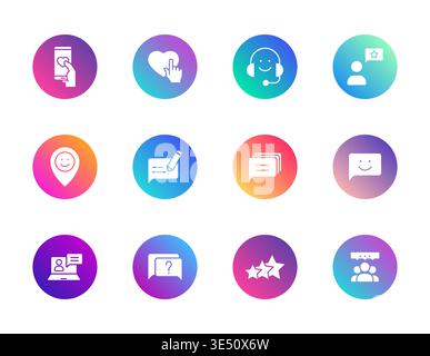 Social media icons set. Gradient round vector pictograms for likes, chat, followers, and online interaction. Stock Vector