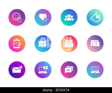 Productivity icons set. Gradient round vector symbols for tasks, messaging, teamwork, and digital organization. Stock Vector