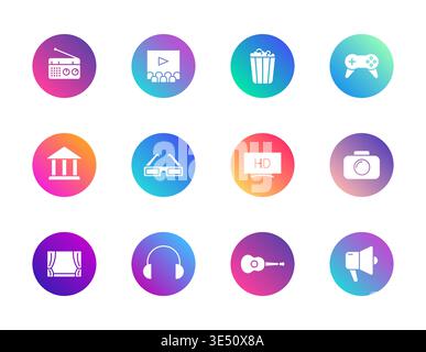 Entertainment icons set. Modern gradient round pictograms for media, cinema, gaming, and art concepts. Stock Vector