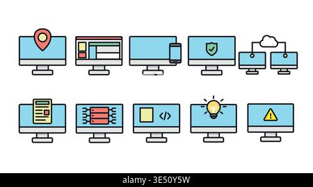 Desktop Computer Icons Set with Soft Colors Stock Vector