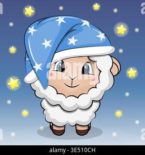 Cute cartoon white Lamb in nightcap is going to sleep. Night vector illustration on dark blue background with stars. Stock Vector