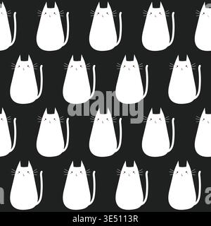 Seamless minimalist vector pattern of funny white cats on black background Stock Vector