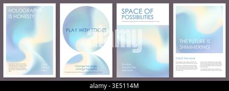 Iridescent hologram bg in blue gradient poster design. Gold foil texture with holo gradation paper. Abstract blurry pattern, mirror glitter. Wavy Stock Vector