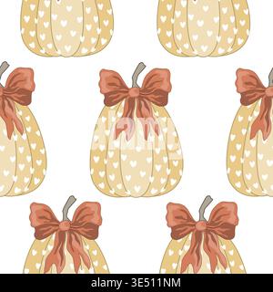 Charming autumn seamless pattern with pumpkins tied red bows. Thanksgiving or Halloween kawaii background. Vector illustration Stock Vector