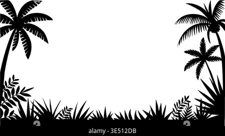 Tropical palm trees frame a lush, leafy border Stock Vector