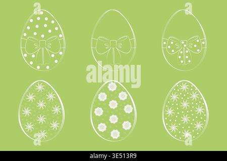 Hand drawn decorative Easter Eggs Collection White on green Backdrop Outline Minimalist Flat design. Vector illustration Easter Greeting or Promo materials design elements Social Media post, greeting Stock Vector