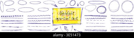 Blue pen strokes circle underline shapes with doodle arrow elements. Vector bundle highlight text scribble oval lines. Rough doodle strike elements en Stock Vector