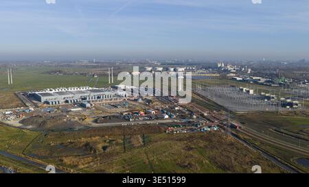 Groningen, Netherlands - 20 January 2026: Aerial view of Datacenter Westpoort with its modern industrial architecture, adjacent electrical substation, Stock Photo