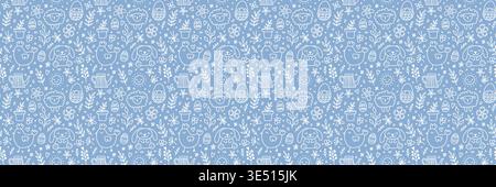 Seamless pastel blue Easter pattern with cute hand drawn bunnies, eggs, flowers and spring elements on white background. doodle style, festive texture for wrapping paper, fabric, wallpaper, and design Stock Vector