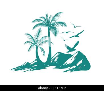 Graphic palm tree with seagulls. hand drawn. Not AI, Vector illustration. Stock Vector