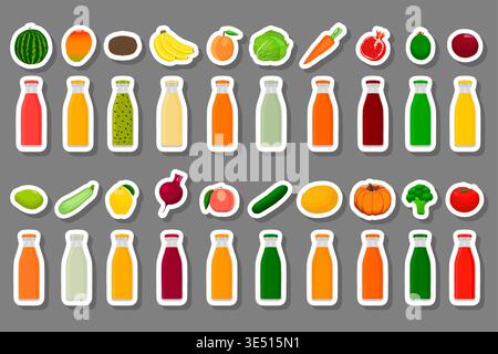 Illustration on theme big set glass bottles with caps filled liquid multicolored fruit juice, glass bottles consisting of tasty natural fruit juice, f Stock Vector