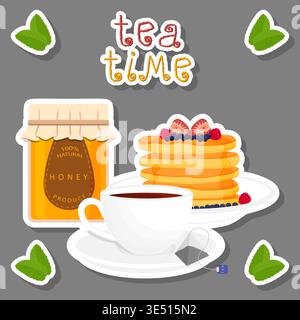 Illustration on theme of porcelain cup for tasty honey tea, porcelain cup consisting of collection accessory on kitchen to honey tea, fresh savory hon Stock Vector