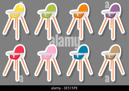 Illustration on theme colorful modern child high chair for baby feeding, drawing consisting of collection colored layouts child chair on high legs, ki Stock Vector