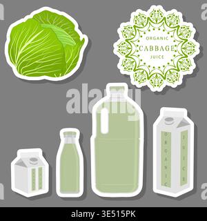 Illustration on theme big set different types of juice cabbage in bottle, juice cabbage pattern consisting of collection organic beverage to bottle, b Stock Vector