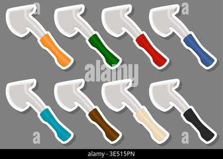 Illustration on theme big kit steel axes with wooden handle, metal ax for hunting, pattern ax consisting of many different axes on grey background, fo Stock Vector