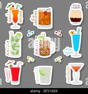 Illustration on theme of set bright alcohol cocktails for celebration party, full glass cup with tasty alcohol cocktails with different fruit ingredie Stock Vector
