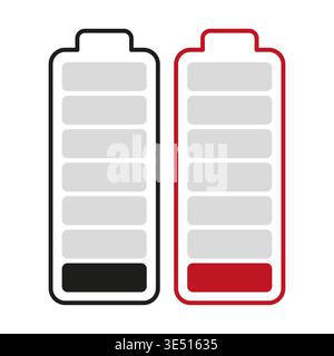 Low battery set. Empty energy cell. Power level Vector. Red charge alert. Manual vector only. No autotrace used. Stock Vector
