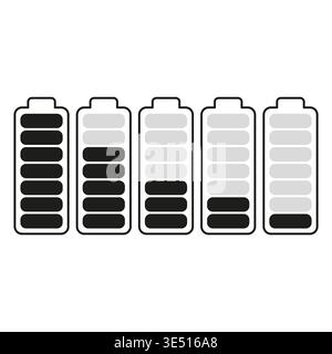 Black battery set. Energy level progress. Power status Vector. Charge step collection. Manual vector only. No autotrace used. Stock Vector