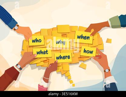 Business growth strategy concept with team brainstorming using who what where when why how Stock Vector