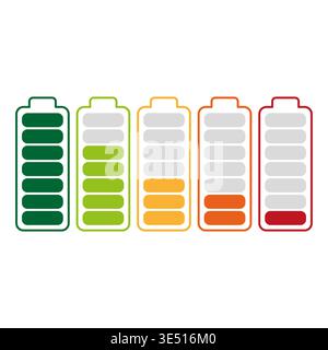 Battery charge set. Colorful energy level. Power status Vector. Progress indicator collection. Manual vector only. No autotrace used. Stock Vector
