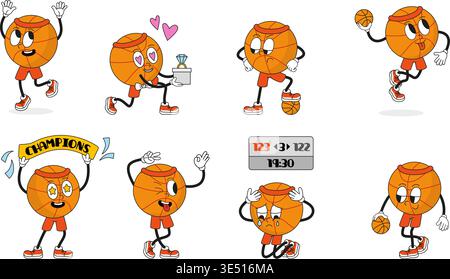 Basketball groovy character. Cartoon ball different poses, winner championship, athlete with ball, sad, in love. Various expressions, funny sport Stock Vector