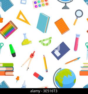 Stationery seamless pattern. School tools and equipment, office stationeries. Educational books, notebook, color pencil, highlighter, print template Stock Vector