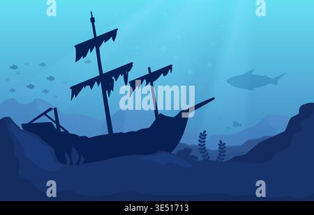 Wrecked ship silhouette. Ancient pirate brigantine on seabed with torn sails and holes. Underwater landscape with rock, seaweed, fish. Shipwreck sapid Stock Vector