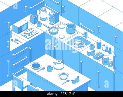 Isometric line kitchen concept. Messy kitchen, cooking process. Food preparation, eating and baking. Different utensils, full empty plates, nifty Stock Vector