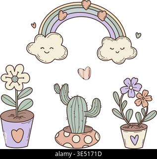 Cute Rainbow and Potted Plants Set. Cactus, Houseplant Flowers and Smiling Clouds Doodle. Isolated Pastel Hand Drawn on White. Vector Illustration Stock Vector