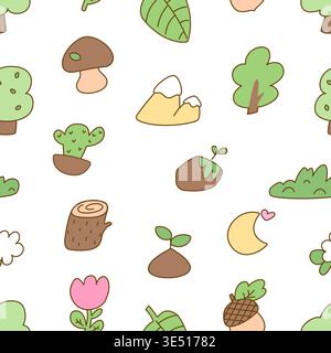 Nature kawaii elements. Tree, mushroom, flowers, moon with heart. Cute decorative seamless pattern. Funny print for wallpaper, fabric, wrapping Stock Vector