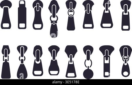 Black zipper pulls. Pullers silhouettes different shapes. Isolated fashionable and tailor elements. Bags or clothing zippers puller, sapid vector set Stock Vector