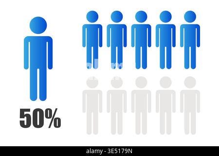 People percentage chart. Fifty 50 text. Blue Vector icon. Demographic data set. Manual vector only. No autotrace used. Stock Vector