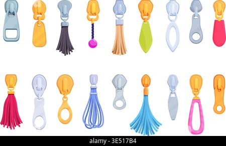 Cartoon zipper pulls. Pullers with beads, leather or thread tassels, ropes and metal silver or gold clasps. Elements for bags, clothes, backpack Stock Vector